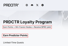 The image is a promotional graphic for the PRDCTR Loyalty Program, featuring the PRDCTR logo and icons for Discord, Medium, and X, with the tagline "Earn Points > Win Fractal Nodes > Receive $PRD yield," alongside a highlighted call-to-action button reading "Earn Predictor Points" under a "Limited-Time Quests" section. It visually supports the post announcing PRDCTR's Loyalty Farming launch, highlighting the rewards system tied to their AppChain infrastructure for prediction markets.