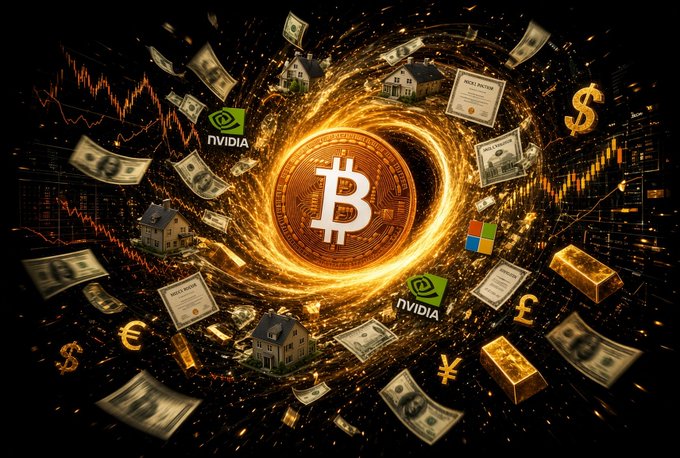 A glowing Bitcoin coin sits at the center of a fiery vortex, surrounded by swirling currency symbols ($, €, £, ¥), stock charts, real estate icons, and NVIDIA and Microsoft logos, illustrating Bitcoin's connection to global wealth and tech markets. The image visually reinforces the post's message that stacking Bitcoin could outperform traditional investments like stocks, housing, and currency, giving early adopters a significant edge toward early retirement.