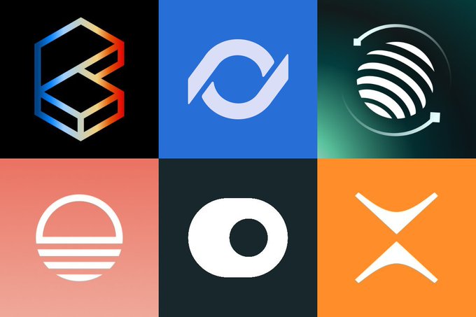 A grid of six cryptocurrency logos is displayed in colored squares: Fantom (black), Polygon (blue), Stellar (dark green), Sunset (pink), O... (black), and XRP/XLM (orange).