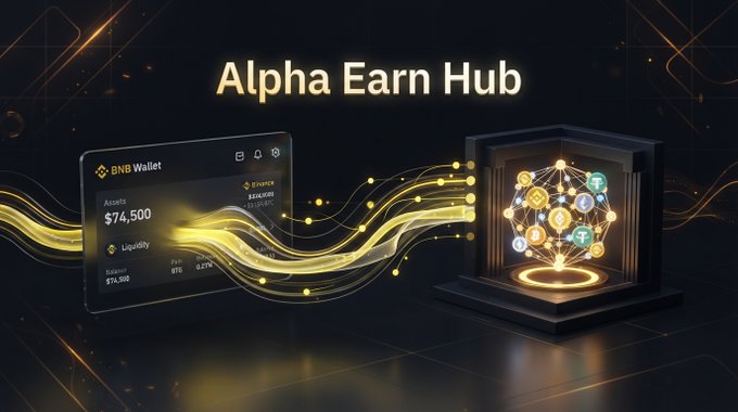 The image shows the "Alpha Earn Hub" prominently displayed in the center, with a BNB Wallet interface on the left showing "$74,500" in assets and "$14,285" balance, connected via glowing data streams to a hexagonal hub graphic on the right featuring various cryptocurrency token icons representing liquidity pools. This visualizes the Binance Alpha Earn Hub feature mentioned in the post, which enables eligible users to provide liquidity to PancakeSwap V3 pools, connecting their wallet assets to the decentralized exchange ecosystem.