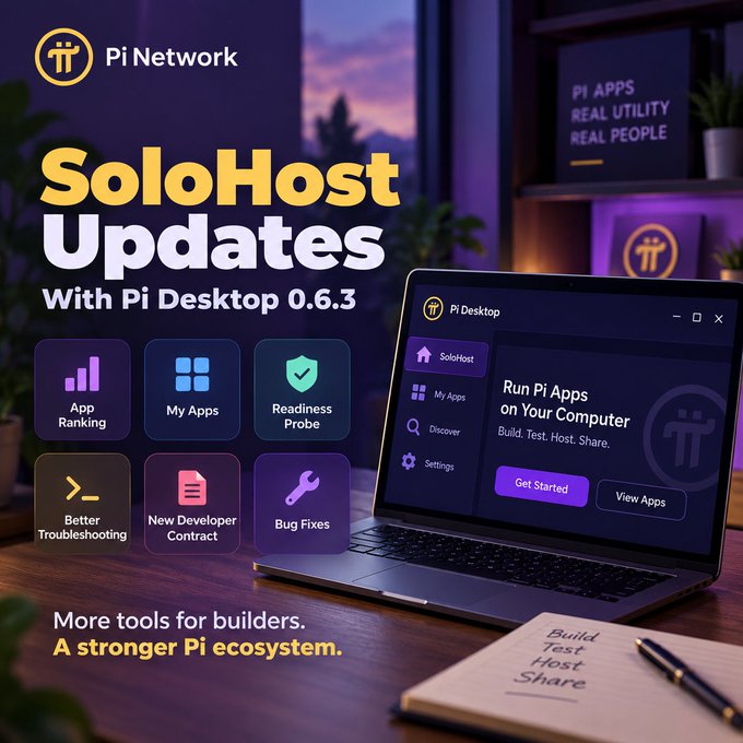 A promotional graphic for Pi Network announcing "SoloHost Updates With Pi Desktop 0.6.3," highlighting features like App Ranking, My Apps, Readiness Probe, Better Troubleshooting, New Developer Contract, and Bug Fixes. The image supports the post's message by showcasing the developer tools aimed at reducing friction and strengthening the Pi ecosystem with more apps and utility for Pioneers.