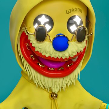 A 3D-rendered stylized yellow creature character wearing round sunglasses and a hooded yellow garment, with the word 'WAGMI' tattooed on its forehead, set against a teal background.