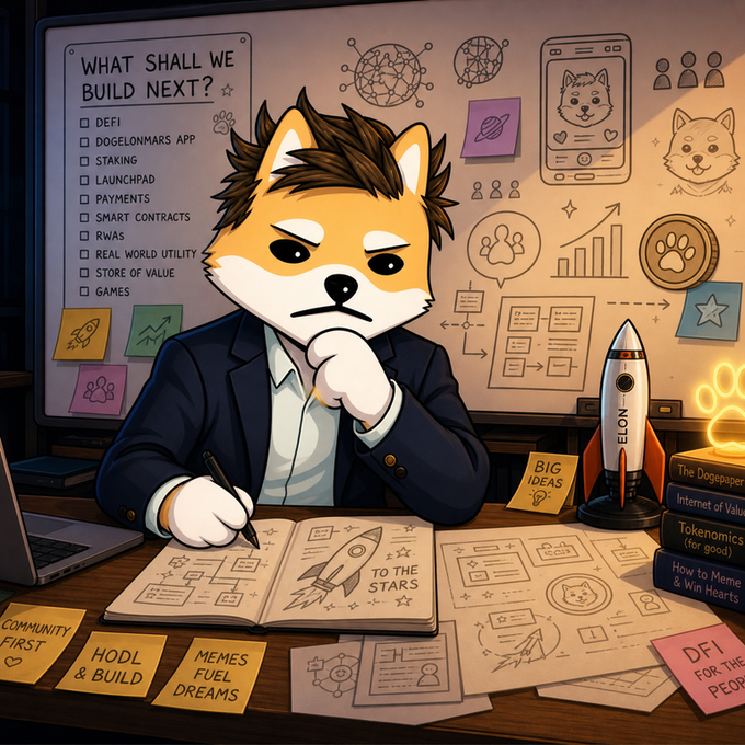 An illustration of an anthropomorphic Shiba Inu dog in a suit thinking at a desk filled with crypto-related sketches, sticky notes, and a whiteboard listing options like DEFI, STAKING, and LAUNCHPAD under 'WHAT SHALL WE BUILD NEXT?'