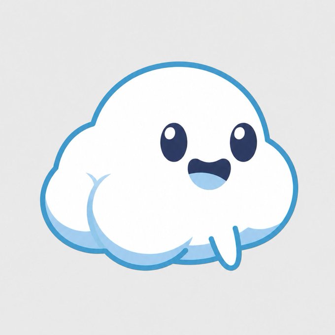 A cartoon illustration of a cute, smiling white cloud character with blue outlines and small arms on a light blue background.