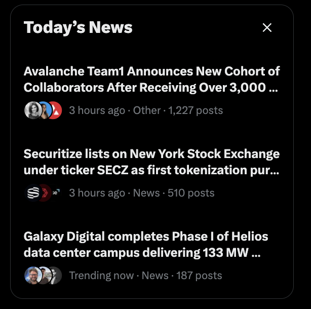 Today's News feed showing stories about Avalanche Team1 collaborators, Securitize listing on NYSE under SECZ, and Galaxy Digital completing Phase I of Helios data center campus delivering 133 MW.