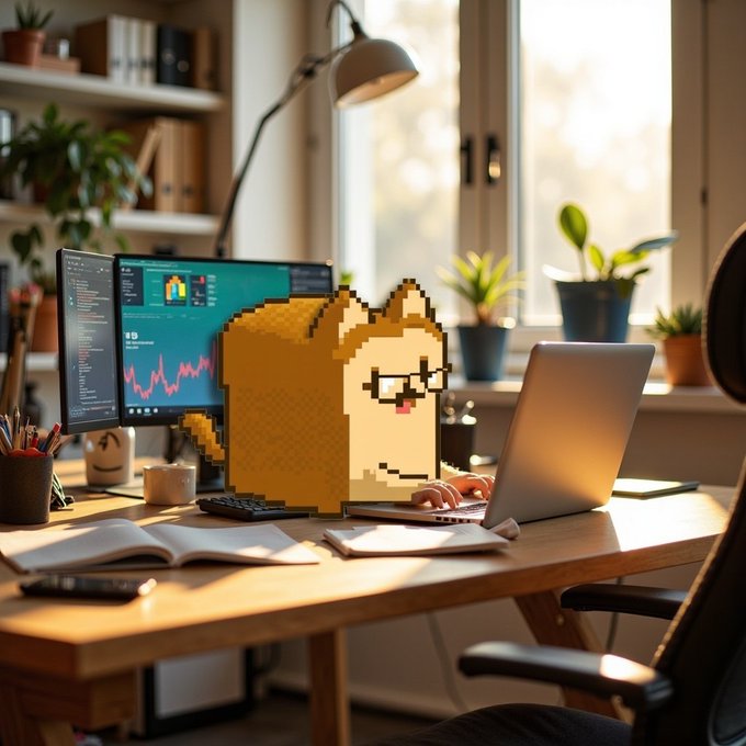 A pixel art illustration of a smiling Shiba Inu dog sitting at a desk in a sunlit home office, working on a laptop with a trading chart on a monitor behind it.