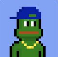 Pixel art character resembling Pepe the Frog wearing a blue baseball cap backwards and a gold chain necklace on a light blue background.
