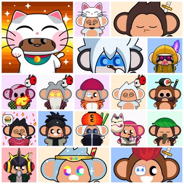 A grid of cartoon animal emojis featuring various monkey and cat characters dressed as different foods, animals, and objects.