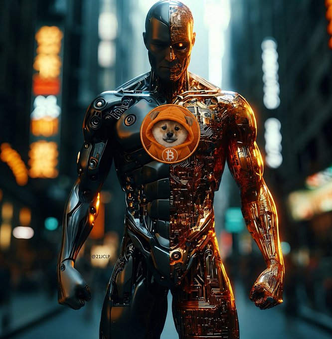 AI-generated image of a futuristic robotic figure in black and gold armor with a small doge (Shiba Inu) wearing a Bitcoin logo on its chest, set against a neon city background.