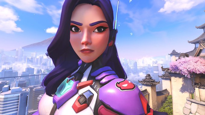 A 3D rendered female character with purple hair and futuristic purple and white armor stands against a backdrop of a city skyline and traditional Asian architecture with cherry blossoms.
