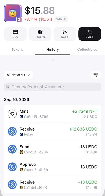 A crypto wallet app displays a balance of $15.88 (-3.11%) with options to Buy, Receive, Send, and Swap, along with a transaction history featuring a #249 NFT mint.
