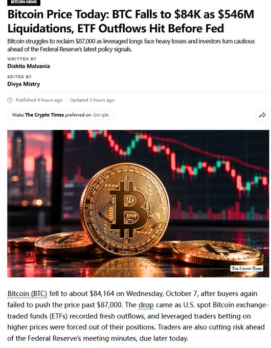 A Bitcoin news article headline reads 'Bitcoin Price Today: BTC Falls to $84K as $546M Liquidations, ETF Outflows Hit Before Fed,' accompanied by an image of Bitcoin coins in front of a price graph.