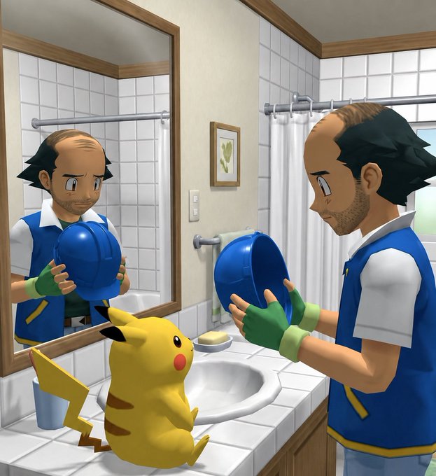 A digital illustration showing a man in a blue vest and green gloves holding a blue helmet, looking at his reflection in a bathroom mirror, with a Pikachu sitting on the sink counter beside him.