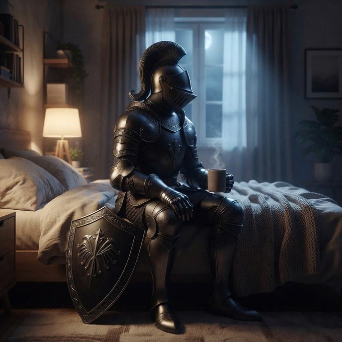 A knight in full black armor sits on a bed holding a steaming mug, with a shield resting beside him, in a softly lit room with a moonlit window.