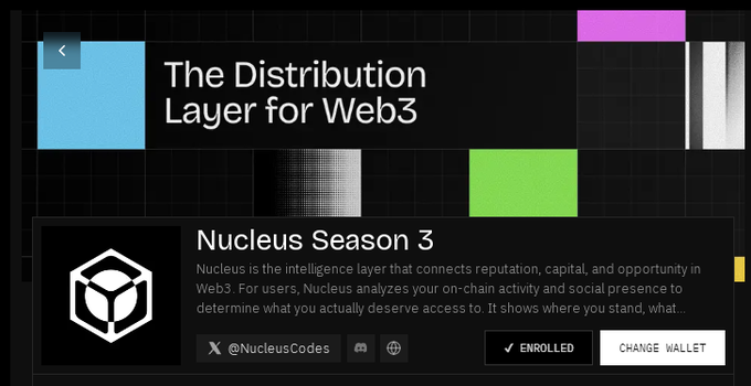 The image shows a dashboard titled "The Distribution Layer for Web3" featuring a "Nucleus Season 3" card with a "✓ ENROLLED" status and the @NucleusCodes handle, alongside X, Discord, and web icons. The bright geometric design with magenta, green, and white accents on a grid pattern does not directly relate to the post about Network Rankings sorting accounts by narrative categories like NFTs, DeFi, and AI.