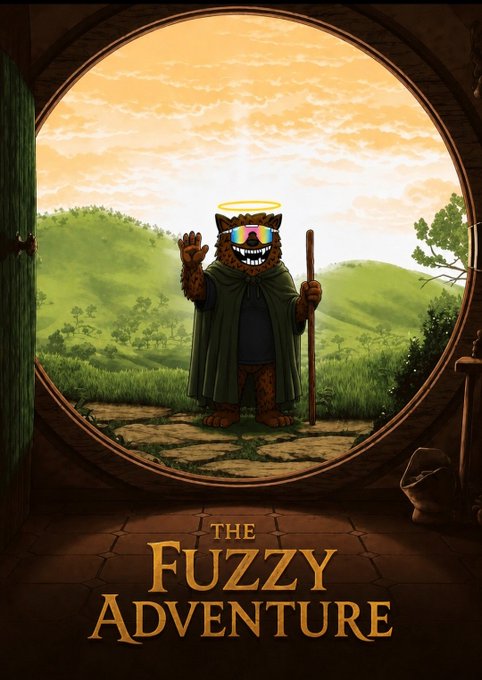 An illustration titled 'THE FUZZY ADVENTURE' depicts an anthropomorphic bear wearing a green cloak, sunglasses, and a glowing halo, holding a staff in a doorway overlooking rolling green hills.