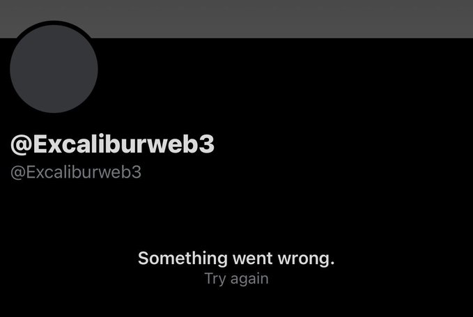 A profile page for '@Excaliburweb3' with a default profile picture showing an error message: 'Something went wrong. Try again'.