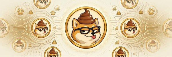 A cartoon Shiba Inu dog wearing glasses and a poop emoji on its head is depicted on a gold coin, set against a background pattern of repeating Shiba Inu coins and circuit board lines.