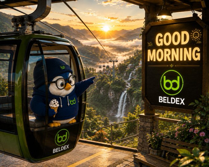 A cartoon penguin mascot wearing a blue hoodie sits in a cable car holding ice cream, with a 'GOOD MORNING' sign displaying the 'bd' logo and 'BELDEX' name beside it.