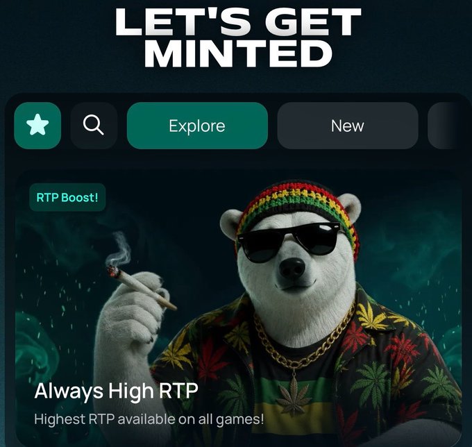 An advertisement featuring a polar bear wearing sunglasses, a Rasta-colored beanie, and a cannabis-leaf shirt holding a joint, with the text "LET'S GET MINTED" and "Always High RTP - Highest RTP available on all games!"