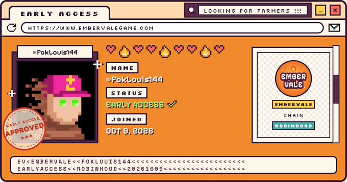 A digital early access card for Ember Vale shows the username 'PokLouis144' and an 'Early Access Approved!' stamp, with the URL 'https://www.embervalegame.com' at the top.