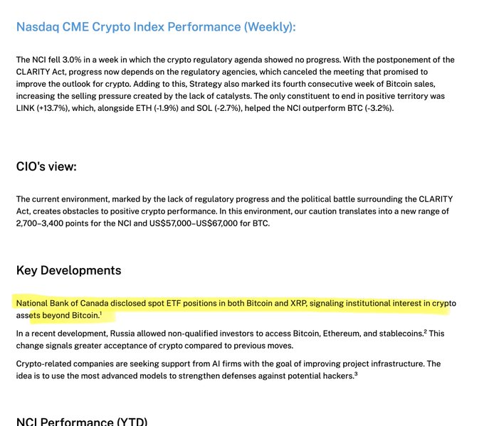 The image highlights a key development noting that the National Bank of Canada disclosed spot ETF positions in both Bitcoin and XRP, signaling institutional interest in crypto assets beyond Bitcoin, which directly aligns with the post's point about expanding institutional involvement in XRP.