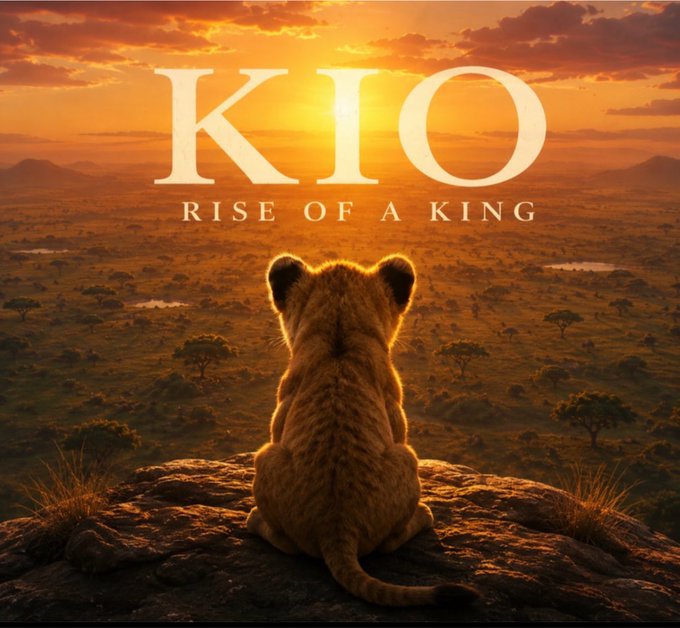 A movie poster titled "KIO: RISE OF A KING" showing a lion cub sitting on a rock overlooking an African savanna at sunset.