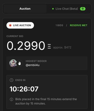 A screenshot of a live auction interface showing a current bid of 0.2990 (approx. $472), with the highest bidder @embi4u and 10:26:07 remaining.