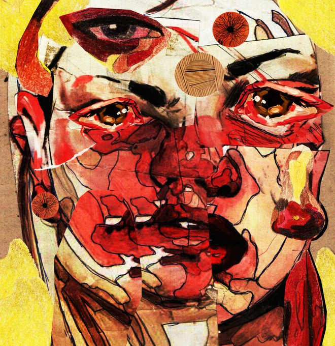 A vibrant, hand-drawn collage portrait of a fragmented face rendered in bold reds, yellows, and earthy tones with multiple eyes and disjointed features, visually echoing the surreal, disoriented mood of the accompanying quote about being "Lost for words."