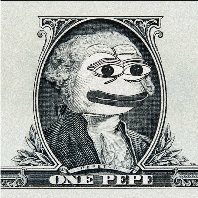 A black and white parody of a US one-dollar bill with a Pepe the Frog face, labeled 'PEPETON' and 'ONE PEPE' with ornate vintage-style framing.