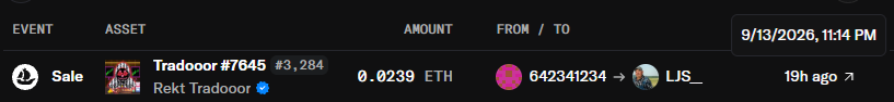 A digital transaction record showing an NFT sale event for 'Tradooor #7645' (labeled 'Rekt Tradooor', #3,284) for 0.0239 ETH, sold from wallet '642341234' to 'LJS_', dated 9/13/2026 at 11:14 PM, 19 hours ago.