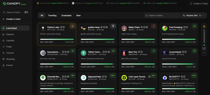 Canopy launchpad interface displaying trending tokens including Python Labs, golden lamp, Melty Chain, Foot Pumping, baccarat, Tether Con, Bear Fire, xLaunchpad, Emerald Star, Algorand labs, Link Layer Found, and BLUCATTY with their 24h price changes.