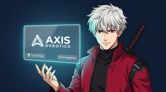 An anime-style illustration of a white-haired male character in a red jacket with a katana on his back, holding up a holographic display showing 'AXIS ROBOTICS' with metrics 'Top 3 on Base' and '4.7M Trajectories'.