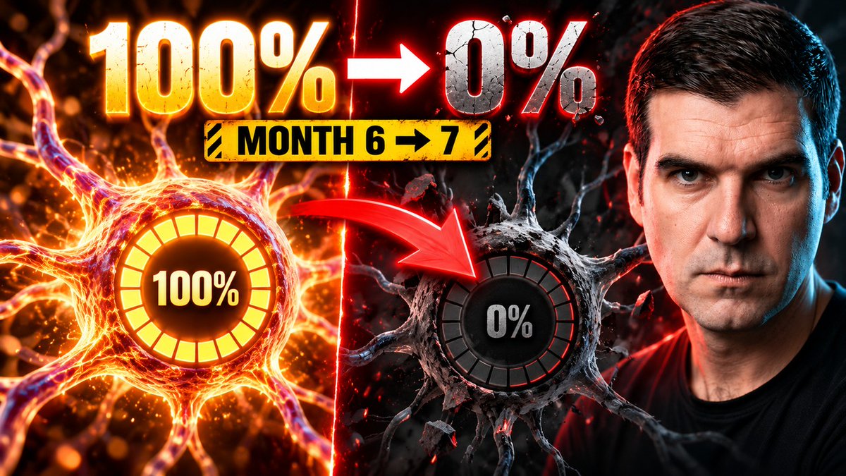 A YouTube thumbnail-style image shows a man on the right next to text reading '100% → 0% MONTH 6 → 7', with a glowing orange and a cracked grey circular element connected by a red arrow.