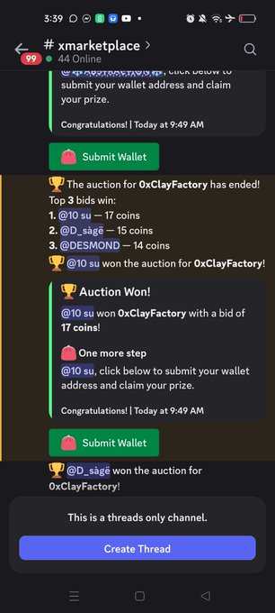 A screenshot of a Telegram chat in the #xmarketplace channel announcing auction winners for OxClayFactory, with prompts to submit a wallet to claim prizes.