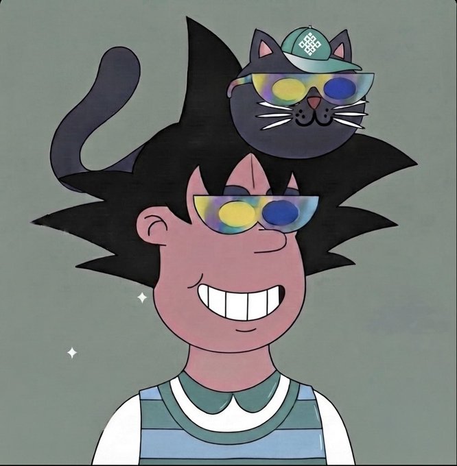 A cartoon character with spiky black hair smiles while wearing 3D glasses, accompanied by a black cat wearing a matching cap and 3D glasses perched on their head, likely referencing NFT culture for a crypto community's morning greeting ritual.