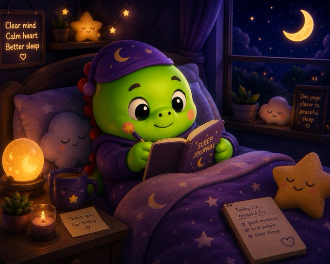 An illustration of an adorable green dragon-like creature wearing a purple nightcap and pajamas, reading a 'Sleep Journal' in bed surrounded by a cozy, nighttime atmosphere.