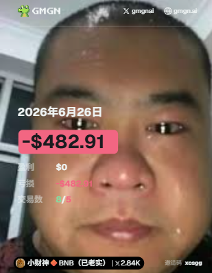 A close-up of a tearful man's face is overlaid with trading loss data showing "-$482.91" on 2026年6月26日 (June 26, 2026), with GMGN and BNB ticker references, visually capturing the "Ten Tears of the Little God of Wealth" sentiment of crypto trading losses.