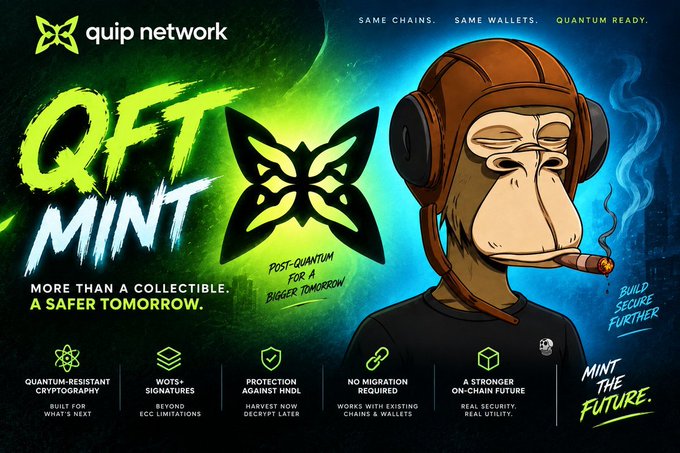 A vibrant promotional graphic for 'quip network' announces 'QFT MINT' featuring a smoking ape character in an aviator helmet, highlighting quantum-resistant cryptography and on-chain security.