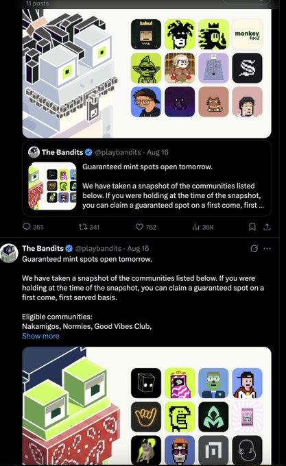 A Twitter/X post from 'The Bandits' (@playbandits) dated Aug 16, announcing guaranteed mint spots for communities including Nakamigos, Nomios, and Good Vibes Club.