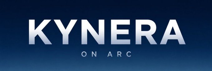 A dark blue banner displays the text "KYNERA ON ARC" in bold silver/white lettering, serving as promotional branding for the NFT project mentioned in the post. The image reinforces the announcement about Kynera's engagement campaign on the Arc platform.