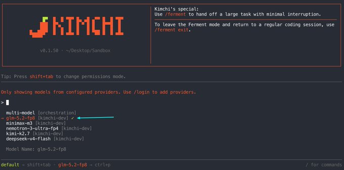 Kimchi terminal interface displaying the GLM 5.2 (glm-5.2-fp8) model selection from Z.ai (kimchi-dev provider), with a prompt input ready and the Kimchi logo shown above.