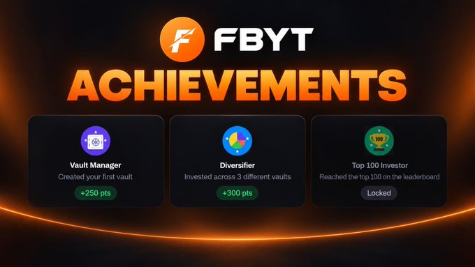 FBYT Achievements screen displaying earned badges including 'Vault Manager' (+250 pts) and 'Diversifier' (+300 pts), plus a locked 'Top 100 Investor' achievement.