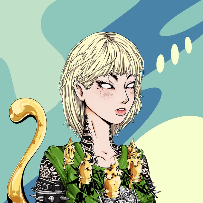 Digital illustration of a young woman with short blonde hair, freckles, and blank white eyes, wearing an ornate black and green outfit with spiked shoulders, adorned with melting candles, set against a wavy blue background.