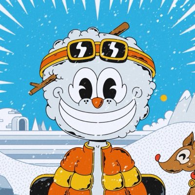 A cartoon snowman character wearing pixelated sunglasses and a yellow headband smiles broadly, holding small sticks, with a snowy landscape and a reindeer in the background.