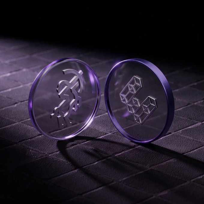 Two translucent purple-rimmed coins—one marked with a stylized "$" and the other with an "E"—rest on a dark brick surface, symbolizing the partnership between dollar-denominated DeFi capital and Ethereum-based EtherFi vaults. The image visually represents Sentora's $1B deployment into weETH strategies, where traditional finance meets crypto yield.