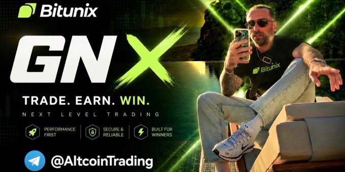 A promotional graphic for Bitunix featuring the "GNX" (Good Night) branding with the tagline "TRADE. EARN. WIN. NEXT LEVEL TRADING" and benefits like "PERFORMANCE FIRST," "SECURE & RELIABLE," and "BUILT FOR WINNERS." A man in sunglasses sits on what appears to be luggage, holding up a phone, with the handle "@AltcoinTrading" displayed at the bottom alongside the post's "GN Crypto X GN Bitunix Fam" goodnight message encouraging traders not to let a bad session define them.
