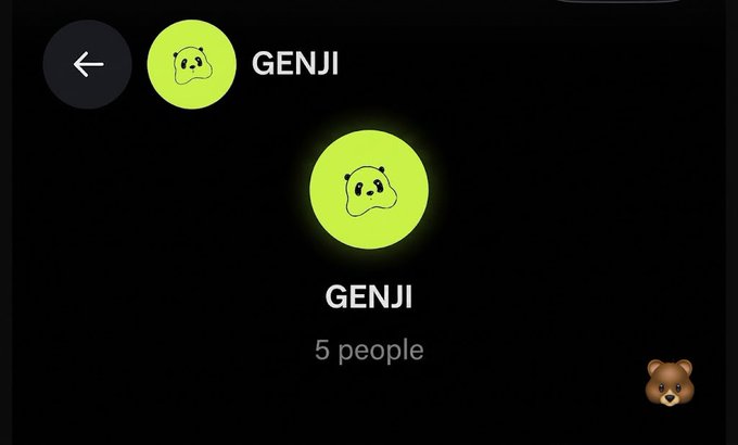 A dark screen showing a Snapchat group called 'GENJI' with a sad face emoji icon, indicating 5 people are in the group.