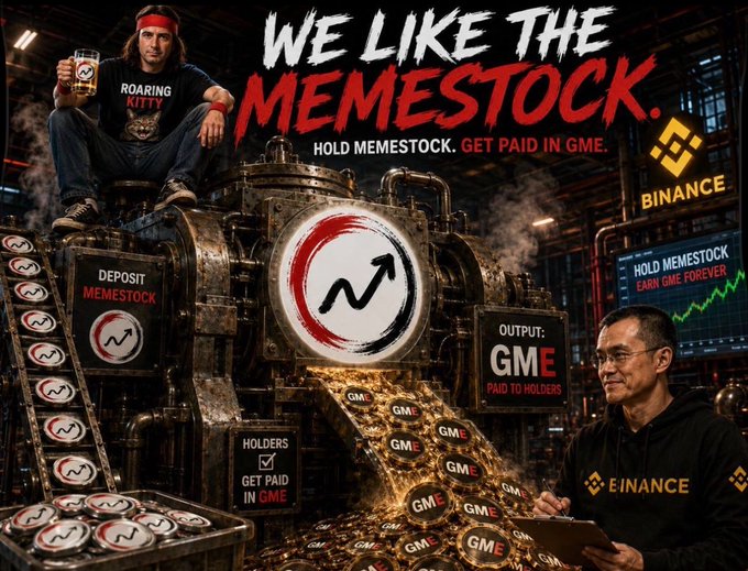The image is a Binance promotional graphic titled "WE LIKE THE MEMESTOCK," featuring a bearded man in a "Roaring Kitty" shirt holding a beer atop an industrial machine that deposits $MEMESTOCK and outputs $GME, alongside Binance's Changpeng Zhao overseeing streams of golden $GME coins. The bold "HOLD MEMESTOCK. GET PAID IN GME" messaging ties into the post's claim that $MEMESTOCK is a dominant community on BNB, using Roaring Kitty and the GME meme stock reference to emphasize the project's cultural momentum and competitive edge on the chain.