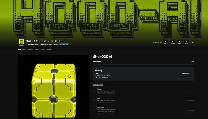 A website header for 'HOOD AI' displays a large yellow 'HOOD' logo on a circuit board background, with a section below titled 'Mint HOOD AI' showing a yellow digital vault icon and treasury details.